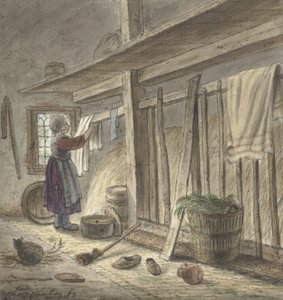 Hjørne af en stald med en pige, der hænger et klæde (1772) af Christina Chalon